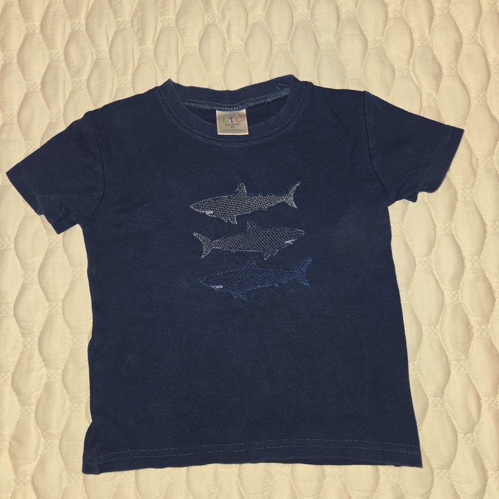 LTC love That Cotton Toddler Boys Short Sleeve Shirt Navy Sharks Size 3t Stitch